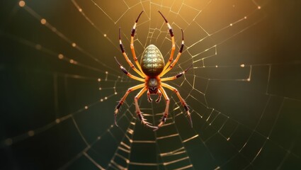 A magnificent spider with intricate golden and dark patterns rests elegantly in its intricate web, bathed in warm sunlight.