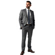© Saif - happy businessman in gray suit standing with hands in his pockets looking up on transparent background