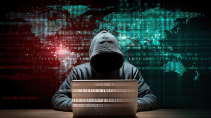 A hooded hacker works on a laptop beneath a glowing world map. Binary code glints across the screen, crafting a tense cybersecurity scene of global cybercrime risk.