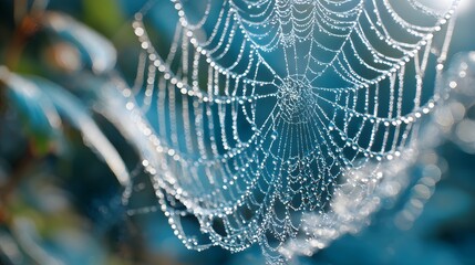 Delicate spiderweb adorned with morning dew, showcasing intricate patterns and vibrant blues.