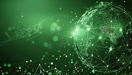 Global network connections, digital earth, green background, technology concept, website banner