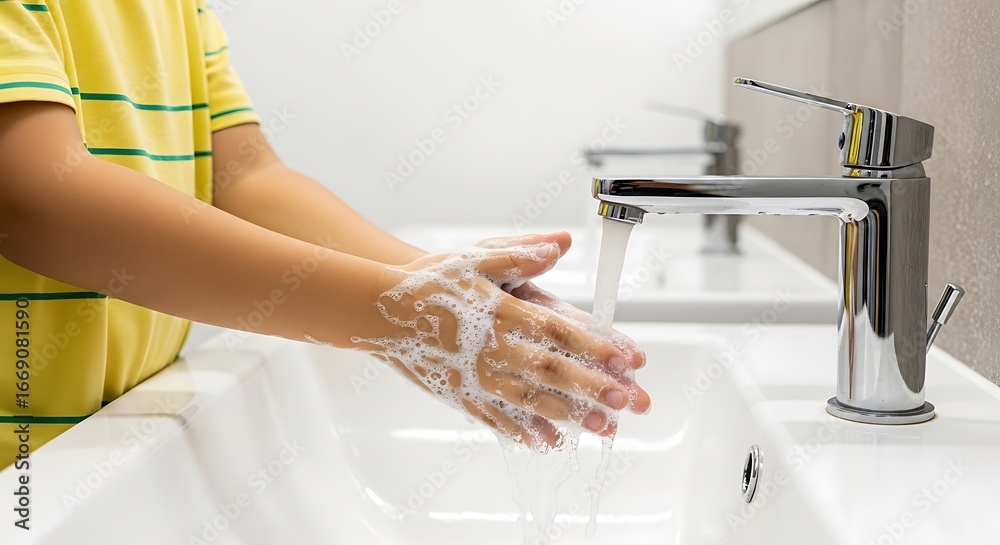 Closeup of a child washing hands with soap and water in a modern ...