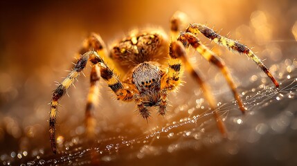 A detailed close-up of a spider with intricate patterns and markings, positioned on a glistening web, bathed in warm, golden light.