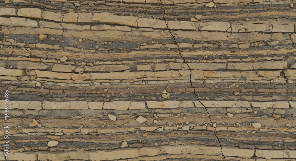 Closeup view of a sedimentary rock formation with horizontal layers and ...