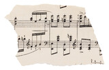 Scrap of old music sheet, vintage yellowed ripped paper with notes isolated for design