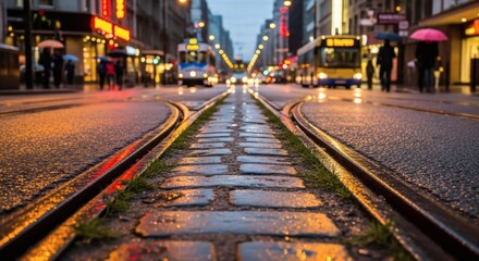 Naklejka na meble Wet city street with tram tracks leading into the distance, capturing a blend of urban infrastructure and weather elements.