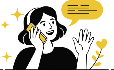 Wall Mural - A woman with short hair talking on a yellow phone and waving her hand with a speech bubble near her