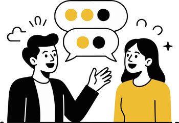 Wall Mural - Illustration of a man and a woman having a conversation with speech bubbles above their heads in black and yellow