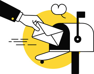 Wall Mural - A hand placing a white envelope into a white mailbox with a yellow circle in the background art