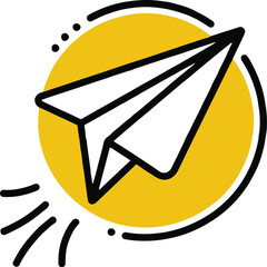 Wall Mural - A paper airplane icon with a yellow circle and black outline on a white background with speed lines