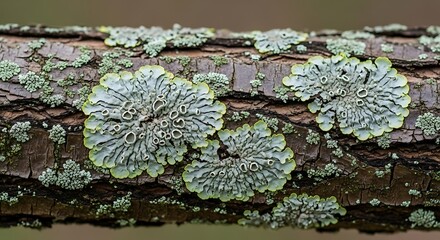 Close up of light green foliose lichen growing on tree bark