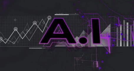 Wall Mural - Displaying large AI text glowing over dark grid, with line chart markers, waveforms, nodes and bars