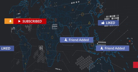 Wall Mural - Displaying digital map UI showing hexagon clusters with nodes, lines, SUBSCRIBED and LIKED banners