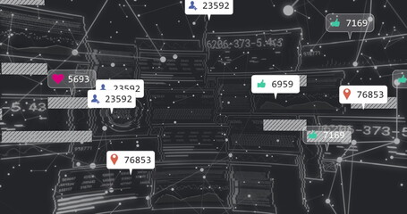 Wall Mural - Displaying abstract digital network graphic in virtual dashboard, with social media metric widgets