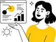 © Master - Woman presenting a dashboard with charts graphs and data analysis in a minimalist vector illustration