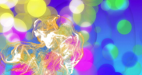 Wall Mural - Swirling multicolored fluid form floating on left of digital background, glowing bokeh, copy space