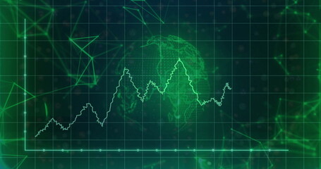 Wall Mural - Displaying neon green line graph pulsating across virtual analytics dashboard, with wireframe globe
