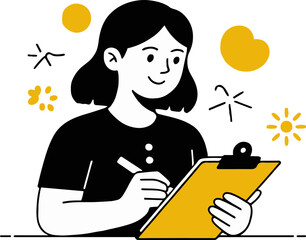 Wall Mural - Illustration of a woman writing on a clipboard with decorative elements around her in black and yellow