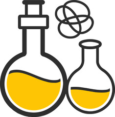 Wall Mural - Two flasks filled with yellow liquid and a black abstract shape on a white background illustration