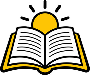 Wall Mural - Illustration of an open book with a yellow sun shining above it on a white background image style