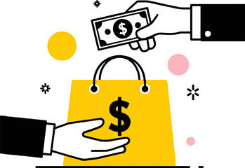 Wall Mural - A yellow shopping bag with a dollar sign and hands exchanging money in a graphic illustration