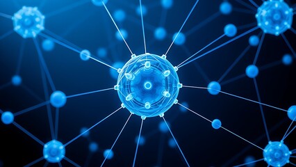 Abstract blue and white interconnected spheres with glowing nodes, symbolizing a digital network on a dark background.