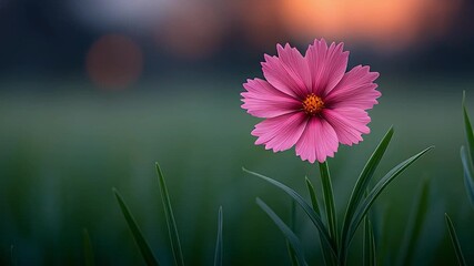 Wall Mural - A pink flower is in the foreground of a green field