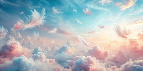 Wall Mural - Ethereal Feathers Drifting Through a Dreamlike, Pastel Sky Above a Sea of Soft Clouds at Sunset