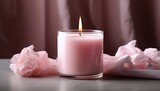 soft pink candle placed on a surface with crumpled tissue nearby