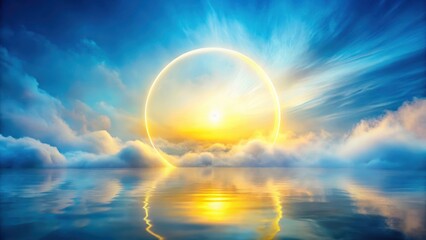 Wall Mural - Serene Sunset Glow A luminous ring encircles a breathtaking sunrise over a tranquil ocean, reflecting vibrant colors in the calm waters, creating a mesmerizing and peaceful scene.