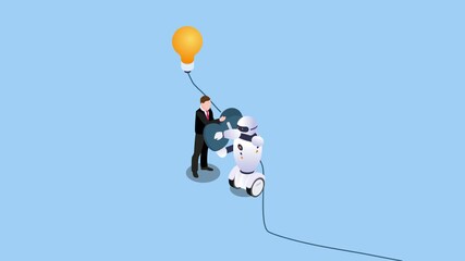 businessman and a robot connecting a light bulb 3d animation cartoon