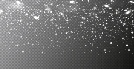 Wall Mural - Christmas glittering snowflakes in air on transparent background. Snow overlay effects. Snow background. Heavy snowfall with frosty particles.