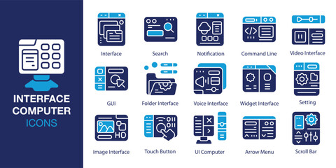 Interface Computer icon set. Containing screen, interface, computer, technology, and more. Solid vector icons collection. Vector illustration.