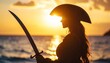 © Dewi - Silhouette of a female pirate captain wielding a sword against a blazing sunset backdrop