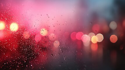 Abstract blurred lights with water droplets on glass creating a bokeh effect.