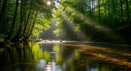 Sunlight filtering through a green forest canopy, illuminating a serene river.