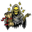 © Dessy - A menacing Grim Reaper with a yellow skull, cloaked in grey, holds ancient scrolls tied with a red ribbon.