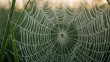 Close-up of a dewy spider web glistening in the morning light, surrounded by lush green grass