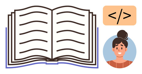 Open book paired with a coding bracket tag and smiling female avatar. Ideal for education, coding, reading, digital learning, technology, knowledge sharing, and programming concepts. Clean flat