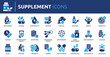 © Icons-Studio - Supplement icon set. Containing vitamin, protein, capsule, minerals, fish oil, calcium, herbal, probiotic, electrolyte, dropper, antioxidant and more. Solid vector icons collection.