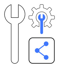 wrench tool, gear with integrated wrench, and sharing network icon in flat design. ideal for teamwor
