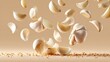 © White Rabbit - A picture of garlic cloves floating in the air on a beige studio background