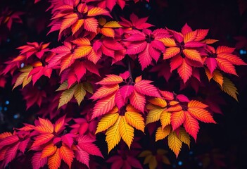 Wall Mural - Vibrant, colorful leaves on a dark tree, artistic style,  whimsical,  roots