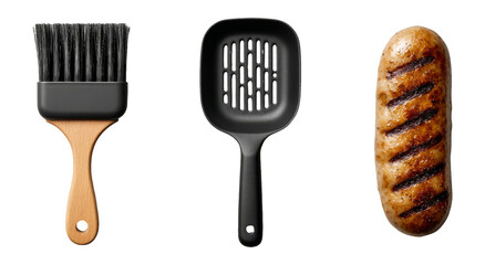 Cooking Utensils Set with Grilled Sausage on Transparent Background