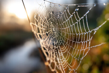 Wall Mural - Macro of dew on spiderweb against morning sunlight