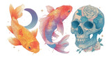 Colorful Koi Fish and Artistic Skull Design with Floral Elements