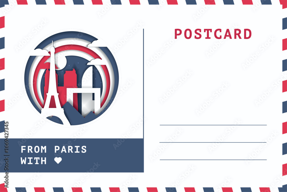 Paris Postle Card From Paris, France postal card template. Vector blank postcard ...
