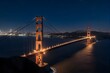 Golden Gate Bridge illuminated at night.