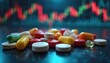© Viktor - Pile of various pills, capsules, green, yellow, red, white, orange. Blurred red stock market graph background. Represents pharmaceutical market analysis, drug growth, investment trends, finance,
