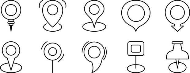Canvas Print - A collection of outline location pin icons for maps and navigation. Various styles of line art vector symbols for GPS, travel, and graphic design.